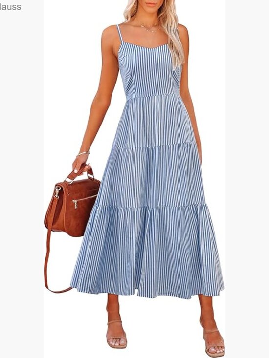 Dresses & Skirts - Sleeveless Striped Plaid Midi Maxi Dress, 100% Rayon, Adjustable Straps, Hidden